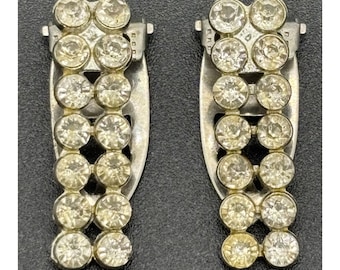 Vintage Pair of Pot Metal Dress Clips Silver-Tone Two Rows of Clear Rhinestones