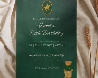 Teddy Bear Birthday Invitation | Green Plaid Party Invite (Digital Download)