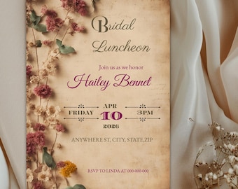Bridal Luncheon Invitation Template — Vintage Floral Dried Flower Editable Canva Template— Instant Download