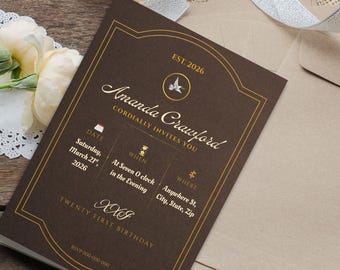 Old Money Birthday Invitation | Elegant Brown Gold Script, Black Tie Party (Digital Download)