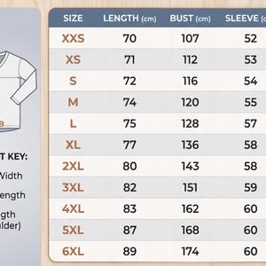 Pode incluir: Uma tabela de tamanhos para uma pe&ccedil;a de manga comprida com decote em V, apresentando um diagrama com as etiquetas A, B e D. A tabela lista tamanhos de XXS a 6XL com medidas em cent&iacute;metros para comprimento, busto e manga. Chave de medidas inclu&iacute;da.