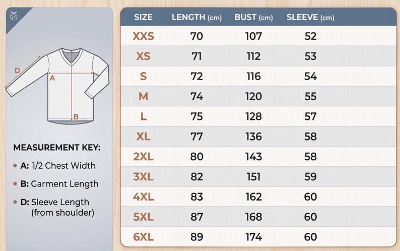 Pode incluir: Uma tabela de tamanhos para uma pe&ccedil;a de manga comprida com decote em V, apresentando um diagrama com as etiquetas A, B e D. A tabela lista tamanhos de XXS a 6XL com medidas em cent&iacute;metros para comprimento, busto e manga. Chave de medidas inclu&iacute;da.