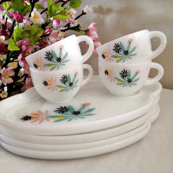 Vintage Party Snack Set Cup and Tray Circa 50's  Pink Aqua Maple Leaf