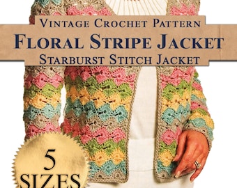 Floral Stripe Jacket - Crochet Pattern, Starburst Button Cardigan (Digital Download)