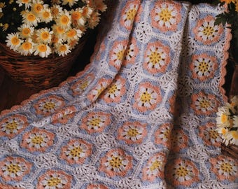 Summer Flowers Afghan - Crochet Pattern, Granny Square Scrap Blanket (Digital Download)