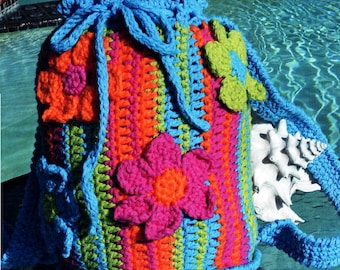 Flower Bucket Tote - Vintage Crochet Pattern, Rainbow Purse (Digital Download)
