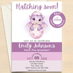 Invitación para baby shower de niña con temática de dragones, ¡próxima eclosión de fantasía!, invitación editable en Canva.