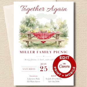 Può includere: Un biglietto d'invito bianco con un'illustrazione ad acquerello di un tavolo da picnic in legno con una tovaglia a quadri rossi e bianchi, una brocca, una torta e limoni. Il testo include Together Again, Miller Family Picnic e Edit in Canva.
