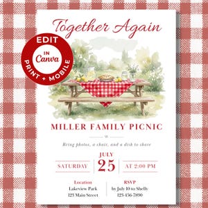Könnte beinhalten: Eine Picknick-Einladung mit einer Aquarellillustration eines Picknicktisches mit Speisen und Getränken. Die Einladung lautet "Together Again" und enthält Details für das Miller Family Picnic am 25. Juli. Bearbeiten in Canva.