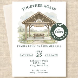 May include: A family reunion invitation card featuring a watercolor illustration of a wooden pavilion with a picnic table and a sign reading THE MILLER FAMILY. Text includes TOGETHER AGAIN, FAMILY REUNION | SUMMER 2026, JULY 25, and event details.