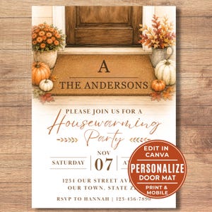 Fall Welcome Mat Housewarming Invitation, Cozy New Home, Canva Editable Invite
