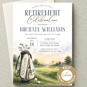 Invitación para fiesta de jubilación de golfista, bolsa de palos de golf personalizada, editable en Canva.