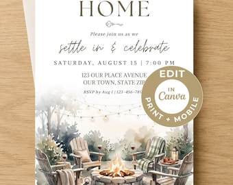 May include: A housewarming invitation card featuring the text THE JOHNSONS ARE HOME, Please join us as we settle in & celebrate, and event details. The design includes a watercolor illustration of a stone fire pit with chairs and string lights.