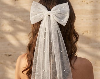Velo da sposa con fiocco e perle / Clip per velo da addio al nubilato / Accessori per capelli per addio al nubilato / Fiocco in tulle con perle