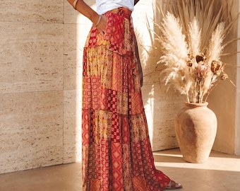 Boho Tiered Maxi Skirt with Pockets | Flowy Patchwork Long Skirt | Elastic Waist Bohemian Summer Skirt | Vintage Style Vacation Skirt