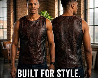 Top sin mangas de piel bicolor – Burdeos y negro - Chaleco ajustado - Regalo para él