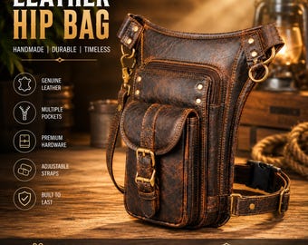 May include: A dark brown leather hip bag featuring multiple zippered compartments, a front flap pocket with a metal buckle closure, and adjustable straps with metal hardware. The bag displays a textured finish and includes metal D-rings for attachment.