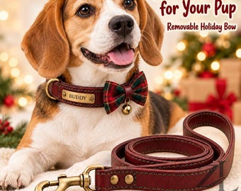 Custom Leather Dog Collar Leash Set Personalized Name Plate Handmade Brown Pet Walking Gear Removable Holiday Bow Christmas Gift