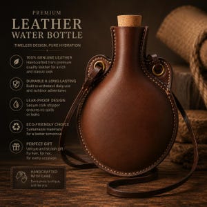 May include: A brown leather water bottle with a cork stopper and a leather strap. The bottle is stitched with white thread and has gold-colored metal rings. The text "PREMIUM LEATHER WATER BOTTLE" is at the top.