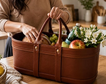 Cesta de picnic de cuero / Bolsa para ir al mercado / Bolsa para guardar alimentos / Detalle rústico