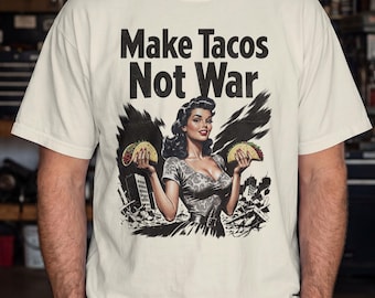Maglietta grafica retrò "Make Tacos Not War" / colori vivaci, design antimilitarista per buongustai.