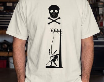 Vintage High Voltage Hazard Skull & Crossbones T-shirt | Electrocuted Utility Pole Silhouette