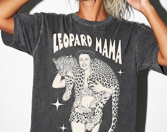 Maglietta Leopard Mama, donna pin-up vintage con grafica leopardata, maglietta Circus Leopard Mama, maglietta da circo retrò per donna, colori Comfort