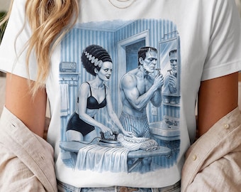 La sposa di Frankenstein e Frankenstein: divertente scena domestica, maglietta / Maglietta Summerween in stile retrò classico horror per coppie / Maglietta sfacciata e nostalgica