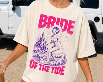 Bride of the Tide T-Shirt | Bride Of Frankenstein Surfing Beach Summerween Tee | Summer Classic Horror Vintage T-shirt | Comfort Colors 1717