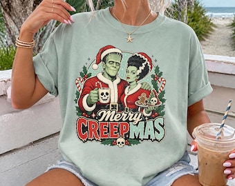 Maglietta "Merry Creepmas Frankenstein & Bride" / Maglietta natalizia horror / Comfort Colors / Regalo di Natale/Halloween /