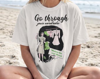 Make-Do and Mend 1950s Slogan T-shirt | Vintage Mending, Repair Wardrobe, Comfort Colors Retro Sewing T-shirt
