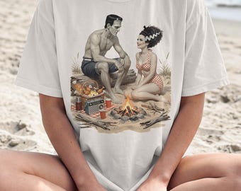 Maglietta Frankenstein Bride Beach Campfire, maglietta horror romantica anni '50