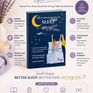 May include: A digital guide titled The Ultimate Guide to Sleep Optimization featuring a dark blue cover with a crescent moon, stars, and a person stretching in bed. The infographic includes text about sleep quality, energy, and well-being.