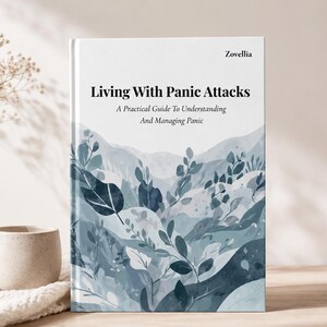 Può includere: Un libro con copertina rigida intitolato Living With Panic Attacks: A Practical Guide To Understanding And Managing Panic di Zovellia. La copertina presenta uno sfondo bianco con un'illustrazione ad acquerello blu e grigia di colline.