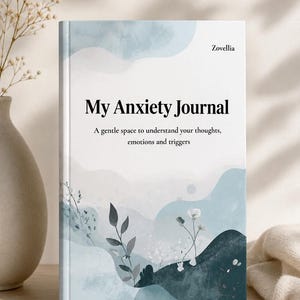 May include: A hardcover journal titled My Anxiety Journal with the subtitle A gentle space to understand your thoughts, emotions and triggers. The cover features a white background with abstract blue and dark teal watercolor waves and botanical illustrations.