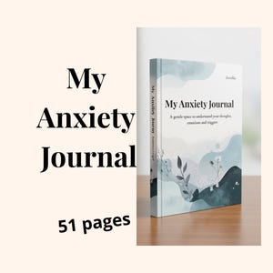Puede incluir: Un diario titulado "My Anxiety Journal" con una cubierta blanda con un diseño de acuarela en tonos azules y verdes. El texto de la portada incluye el título y una descripción: "Un espacio suave para comprender tus pensamientos, emociones y desencadenantes."