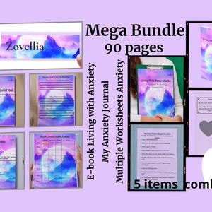 Może przedstawiać: Cyfrowy pakiet z tekstem "Mega Bundle 90 pages" i "5 items combined". Pakiet zawiera e-book, dziennik i arkusze ćwiczeń, wszystkie z fioletowo-niebieskim niebiańskim wzorem. Widoczna jest również nazwa marki "Zovellia".