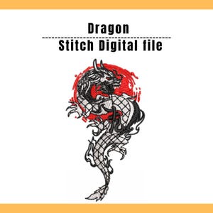 May include: A digital embroidery design featuring a black and white dragon with a grid pattern on its body, positioned in front of a solid red circular background. The text "Dragon Stitch Digital file" is printed in black above the dragon graphic.