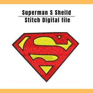 Könnte beinhalten: Ein digitales Stickmuster mit dem ikonischen rautenförmigen Superman S-Schild-Logo in roten und gelben Garnfarben. Der Text über der Grafik lautet Superman S Sheild Stitch Digital file in einer einfachen schwarzen serifenlosen Schrift.