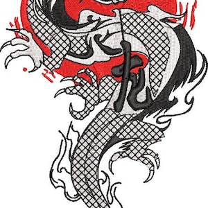 May include: Embroidered dragon design in black, white, and red. The dragon is set against a red sunburst background. The design includes Japanese characters.