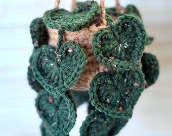 Crochet String of Hearts in Creamy Orange Basket | Handmade Home Decor | Faux Vine Plant Gift