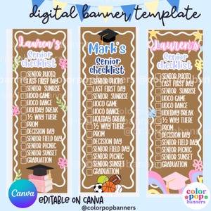 May include: Three vertical digital banner templates featuring brown backgrounds with white scalloped borders. Each banner lists a senior checklist with items like senior photo, prom, and graduation, decorated with graduation caps and sports balls.