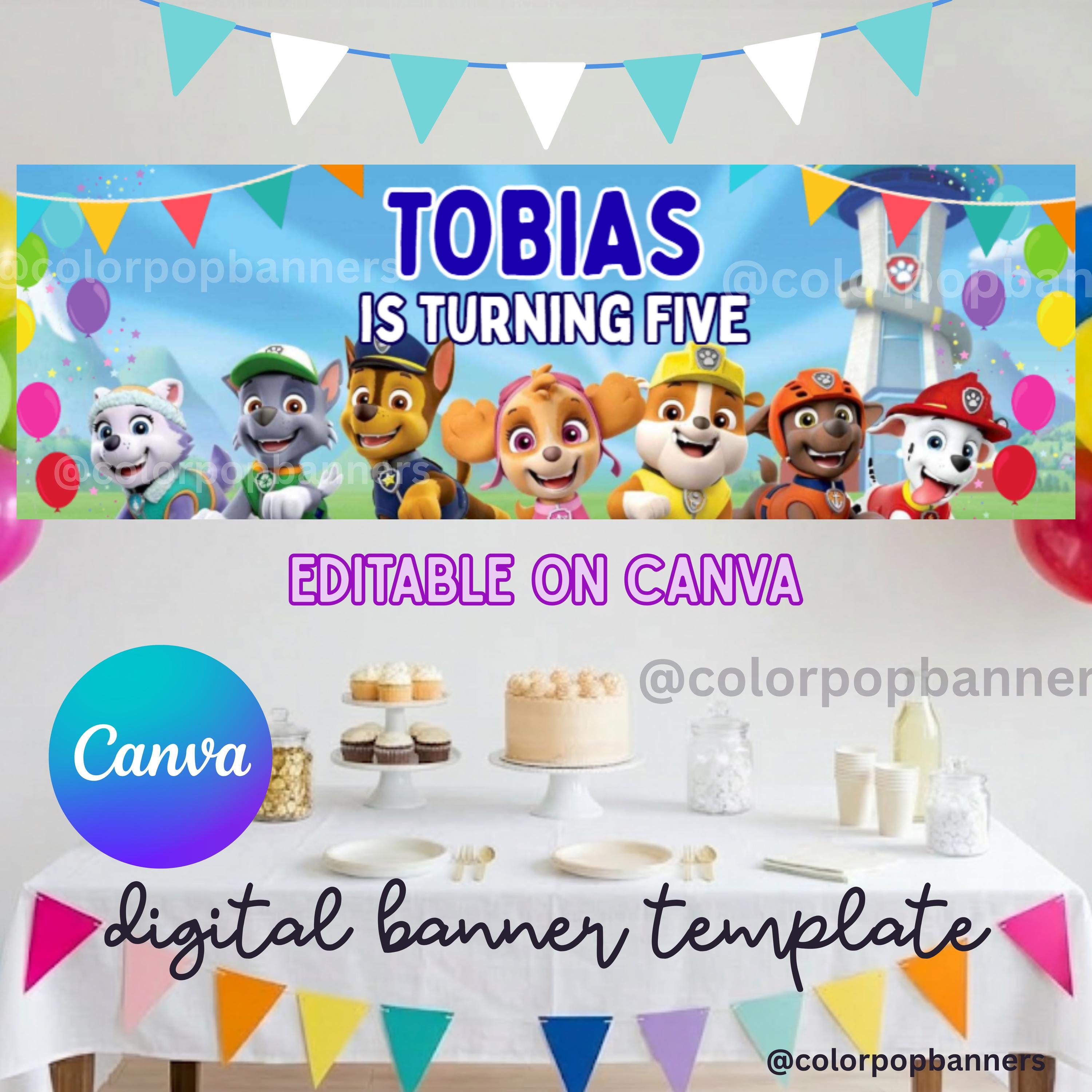Two The Rescue Backdrop Puppy Rescue Birthday Banner Template 2x6 | Editable Canva Party Banner ...