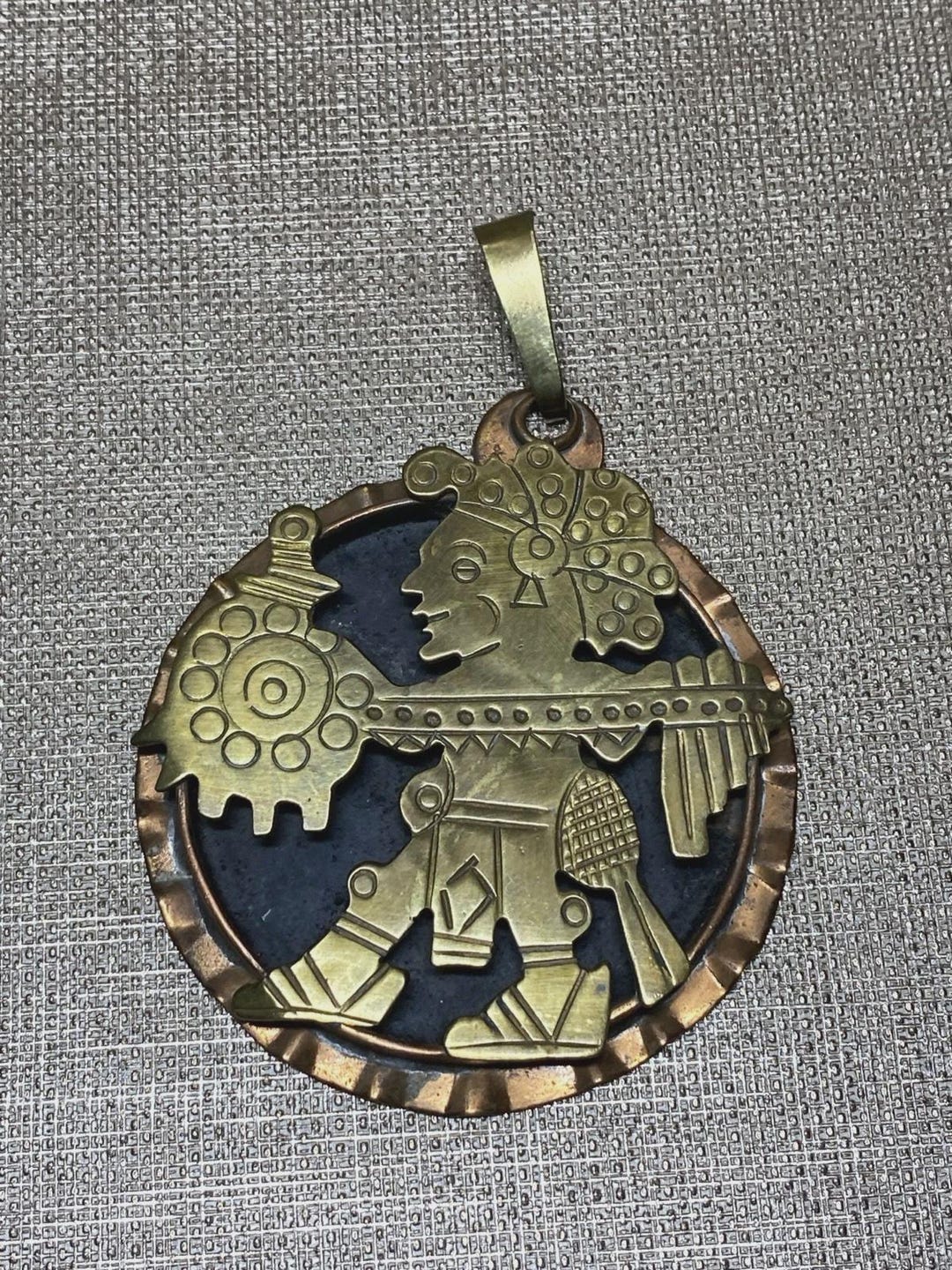 Vintage Mexican Aztec Mayan Style Brass Copper Pendant Mexico Crown ...