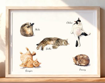 5 retratos de gatos en acuarela / Cinco pinturas de gatos a partir de fotos / Retratos de gatos graciosos en diferentes poses / Arte de varios gatos / Descarga digital / Impresión en lienzo