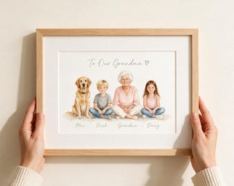 Regalo para la abuela, Día de la Madre, Lámina personalizada para abuela (niño, niña y perro), Regalo de los nietos, Cumpleaños de la abuela