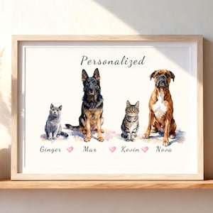 May include: A framed watercolor print featuring four pets: a grey cat named Ginger, a German Shepherd named Max, a tabby cat named Kevin, and a Boxer dog named Nova. The word Personalized is printed at the top, with pink hearts between the names.
