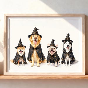 May include: A framed watercolor illustration featuring four dogs sitting in a row, each wearing a black pointed wizard hat and a matching black cape decorated with gold stars. The dogs include a Shiba Inu, a Golden Retriever, a French Bulldog, and a Husky.