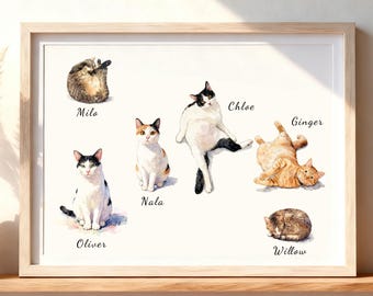 6 retratos de gatos en acuarela / Pintura de seis gatos a partir de una foto / Retrato de gatos graciosos en diferentes poses / Arte de varios gatos / Descarga digital / Impresión en lienzo