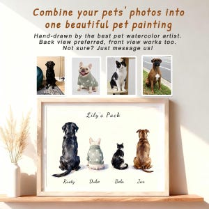 May include: A framed watercolor painting featuring four pets sitting in a row, seen from behind. The artwork displays a black dog, a light-colored dog in a star-patterned sweater, a black and white cat, and a brown dog, with the text Lily's Pack.